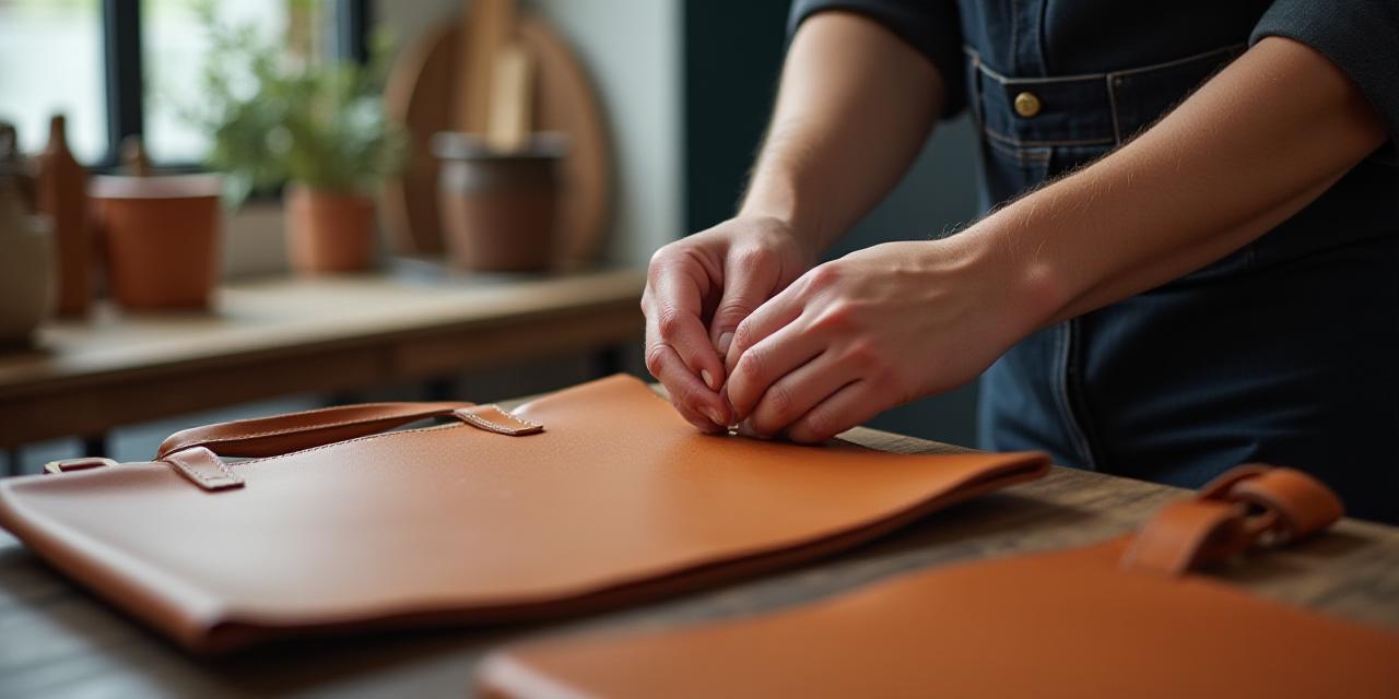 Artisan hands working on a custom leather bag