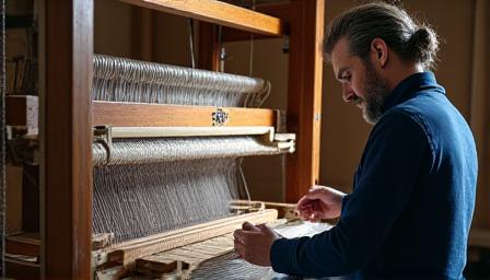 Marcus threading a traditional loom